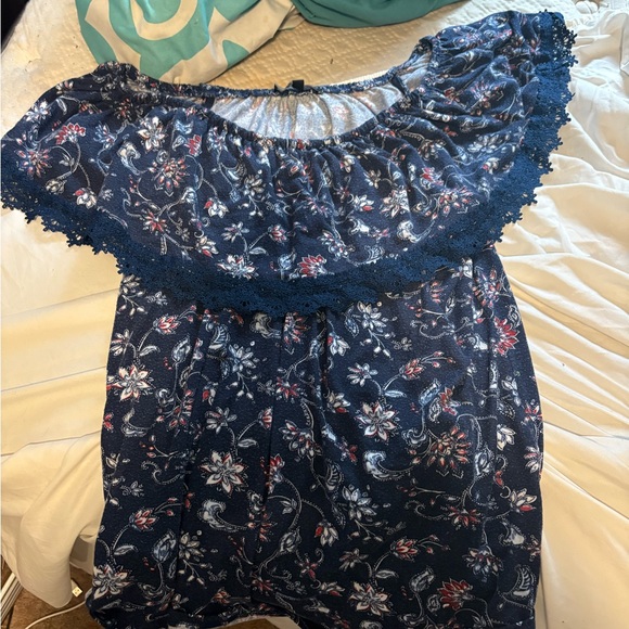 Lily Morgan Tops - Chic Navy Floral Blouse with Lace Trim